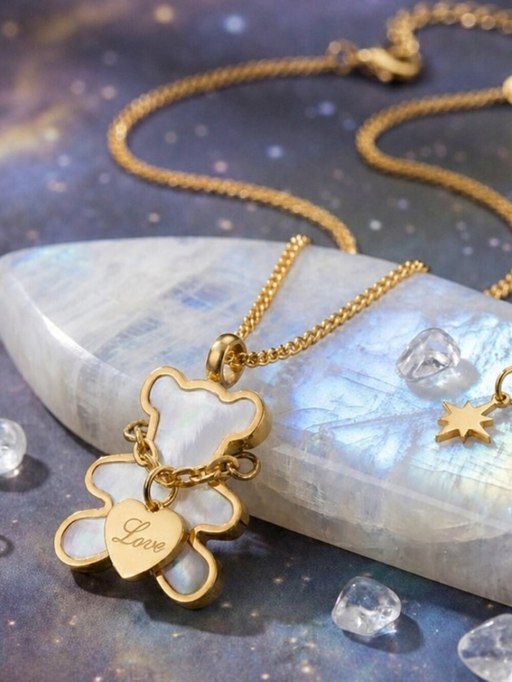 18K Gold Plated SS Shell Teddy Bear Necklace Love Heart Coquette Balletcore 16in - Picture 11 of 17
